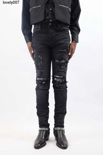 designer jeans amirs summer slim fit pants fashion hole patchwork leather motorcycle jeans men, Blue
