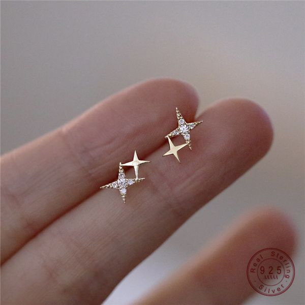 charm 925 sterling silver japanese micro inlaid crystal four pointed star plating 14k gold earring small cute banquet jewelry 220920, Golden