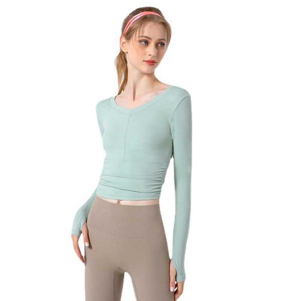 yoga long sleeve cloud skin hugging navel revealing sportswear v-neck thin pleated fitness top, White
yoga long sleeve cloud skin hugging navel revealing sportswear v-neck thin pleated fitness top, White