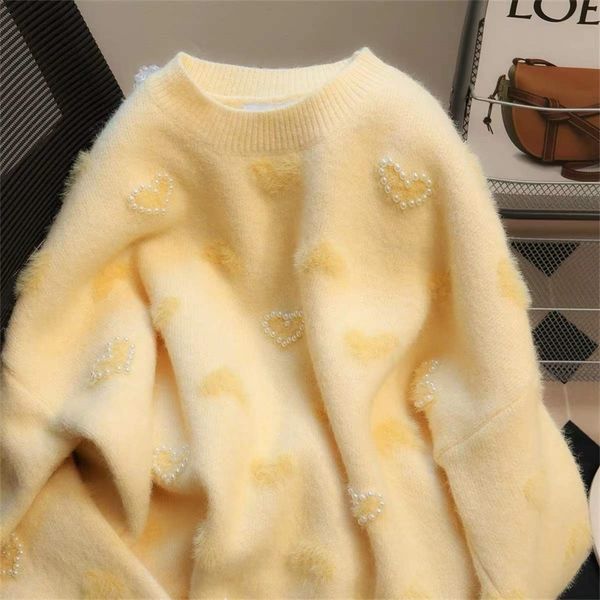 womens sweaters creamy yellow niche gentle style industry flocking love sweater womens autumn and winter loose niche chic soft waxy sweater, White;black
womens sweaters creamy yellow niche gentle style industry flocking love sweater womens autumn and winter loose niche chic soft waxy sweater, White;black