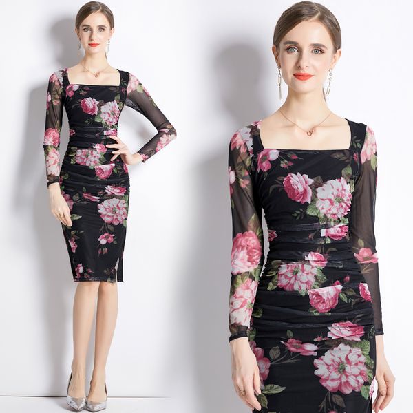 european square neck floral mesh bodycon midi dress long sleeve 2022 runway vintage printed tight wrap split office party dresses casual coc, Black;gray
european square neck floral mesh bodycon midi dress long sleeve 2022 runway vintage printed tight wrap split office party dresses casual coc, Black;gray