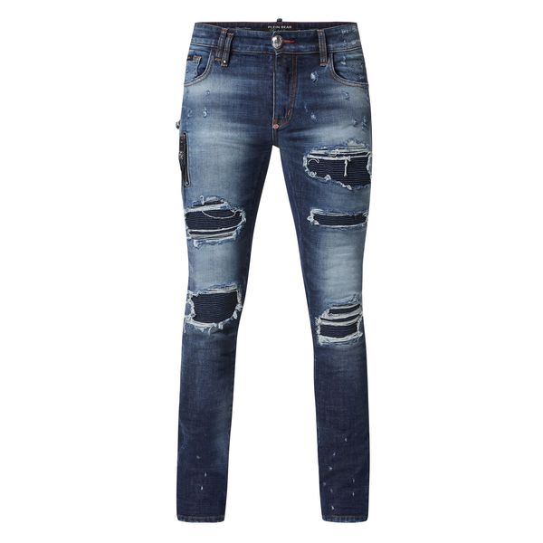 plein bear men's jeans classical fashion pp man denim trousers rock star fit mens casual design ripped jeans distressed skinny biker cl, Blue