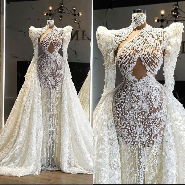 exquisite pearls mermaid wedding dress high neck lace arabic detachable train illusion trumpet bridal gowns robe de soiree, White
exquisite pearls mermaid wedding dress high neck lace arabic detachable train illusion trumpet bridal gowns robe de soiree, White