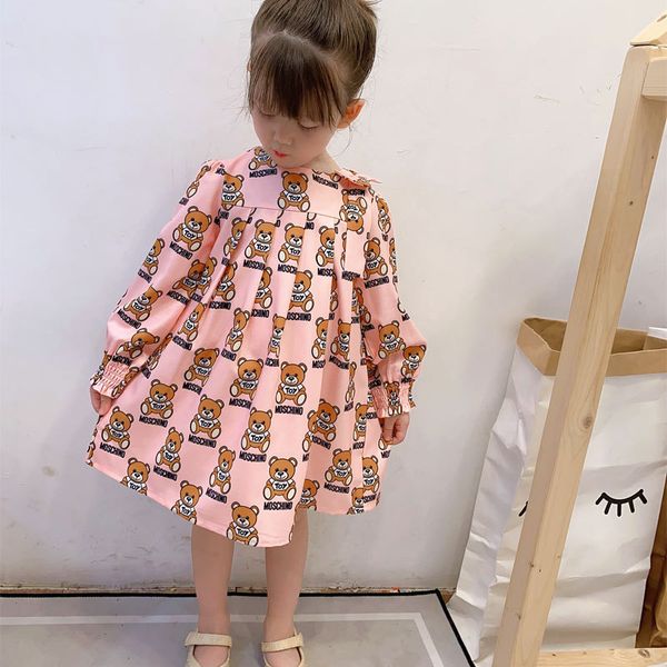 

Girls Dress Spring Kids Fashion Skirt Long-sleeved Bear Print Little Girl Baby Princess Dresses 2-7 Year, Pink