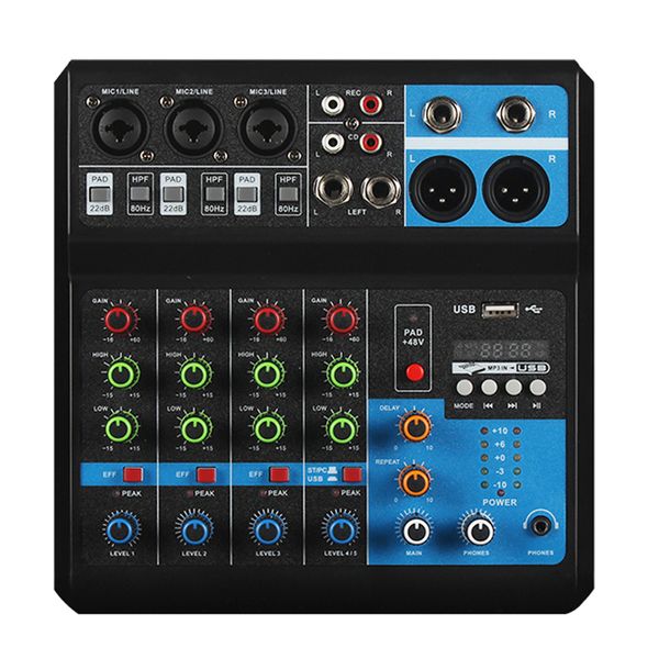 

audio mixer 5-channels sound card with 48v phanton power bt usb reverb for stage compute live streaming studio recording mic