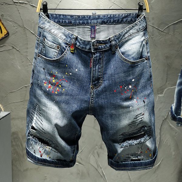 men's jeans designer summer korean slim trendy five point jeans with holes embroidery hand-painted paint white pants 3iro, Blue
men's jeans designer summer korean slim trendy five point jeans with holes embroidery hand-painted paint white pants 3iro, Blue