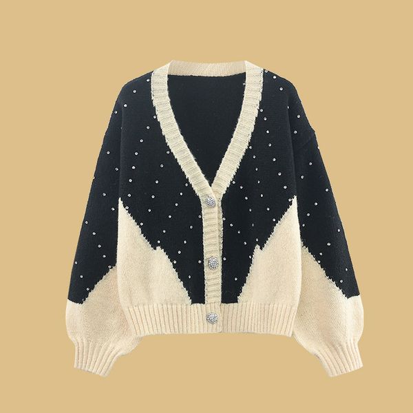 908 2022 milan runway autumn sweater long sleeve v neck cardigan beads womens yuecheng, White;black
908 2022 milan runway autumn sweater long sleeve v neck cardigan beads womens yuecheng, White;black
