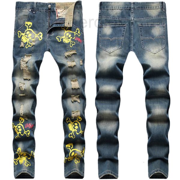 men's jeans designer american street style hip hop color skull print hole small straight jeans men vcrg, Blue
men's jeans designer american street style hip hop color skull print hole small straight jeans men vcrg, Blue