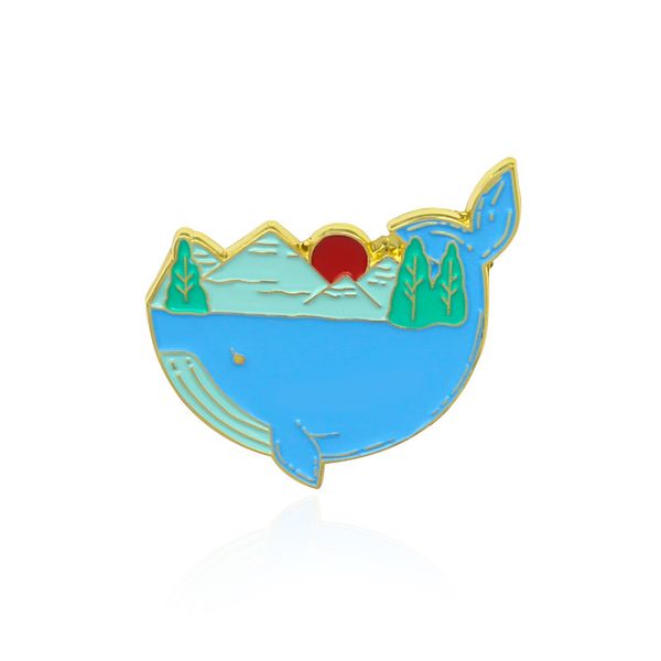 sea landscape sunset blue whale brooches fashion gold plated pins creative personality alloy badge gift bag accessories, Gray