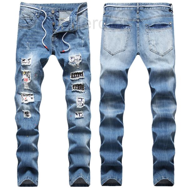 men's jeans designer trendy light color personalized hole patch beaded men's irregular paint hanging rope decorative long pants 6p, Blue
men's jeans designer trendy light color personalized hole patch beaded men's irregular paint hanging rope decorative long pants 6p, Blue
