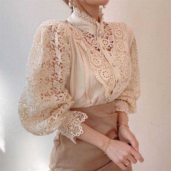 women's t-shirt autumn french loose chic buttons heavy lace hollow flower stitching long-sleeved stand-up collar shirt 220921, White
women's t-shirt autumn french loose chic buttons heavy lace hollow flower stitching long-sleeved stand-up collar shirt 220921, White