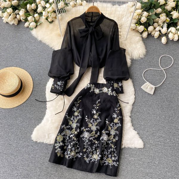 royal sister light familiar style dress suit women's lace up bow net embroidered shirt high waist skirt bodice three piece set, Black;gray
royal sister light familiar style dress suit women's lace up bow net embroidered shirt high waist skirt bodice three piece set, Black;gray