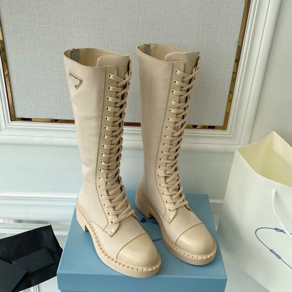 tall combat boots beige calf leather trim patchwork nylon rounded toe flat triangle plaque luxury designer knee-high lace-up vamp side logo, Black
tall combat boots beige calf leather trim patchwork nylon rounded toe flat triangle plaque luxury designer knee-high lace-up vamp side logo, Black