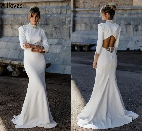 modern long sleeved mermaid wedding dresses with high collar pearls elegant satin boho garden bridal gowns keyhole back simple fashion robes, White
modern long sleeved mermaid wedding dresses with high collar pearls elegant satin boho garden bridal gowns keyhole back simple fashion robes, White