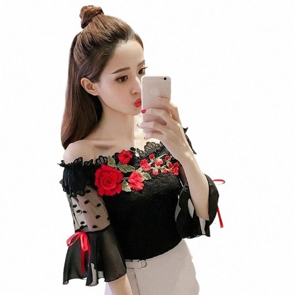women's blouses & shirts summer flower emboridery flare sleeve off the shoulder women lace 1 y2nj#, White
women's blouses & shirts summer flower emboridery flare sleeve off the shoulder women lace 1 y2nj#, White