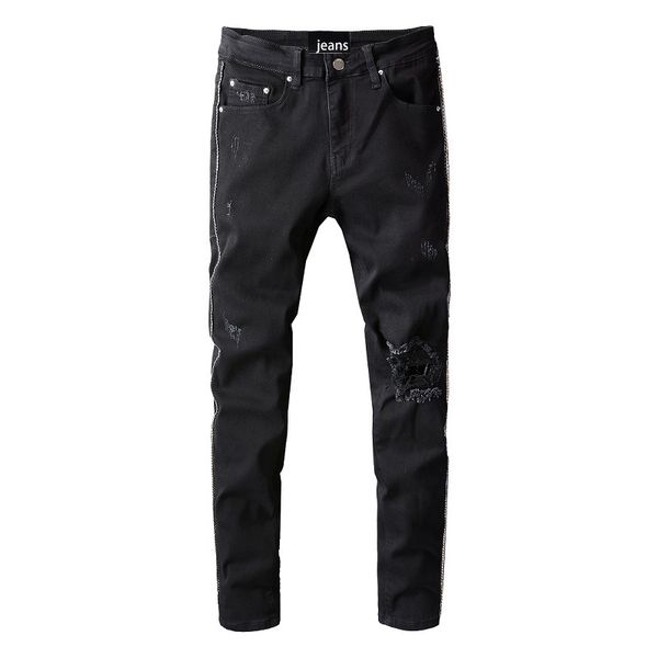 men's jeans high street knee hole pure black multi-grain beggar slim fit pencil pants diamonds on both sides, Blue
men's jeans high street knee hole pure black multi-grain beggar slim fit pencil pants diamonds on both sides, Blue