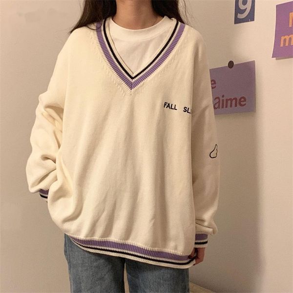 women s sweater ulzzang letter chic vintage v neck daily oversize preppy girls knitwear fall casual all match womens sweater 220920, White;black
women s sweater ulzzang letter chic vintage v neck daily oversize preppy girls knitwear fall casual all match womens sweater 220920, White;black