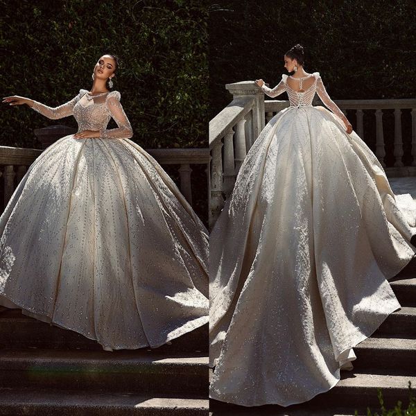 luxurious beads wedding dress custom made scoop neck long sleeve crystal ball gown long train church bridal dresses, White
luxurious beads wedding dress custom made scoop neck long sleeve crystal ball gown long train church bridal dresses, White