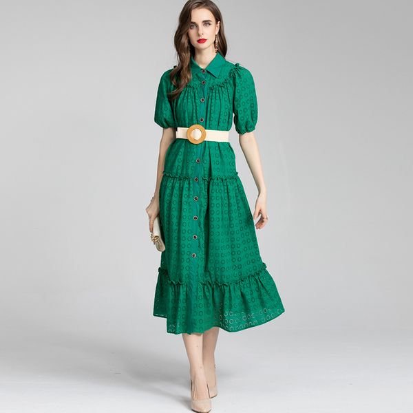 women's runway dresses turn down collar short sleeves hollow out elegant ruffles fashion mid dress vestidos, Black
women's runway dresses turn down collar short sleeves hollow out elegant ruffles fashion mid dress vestidos, Black