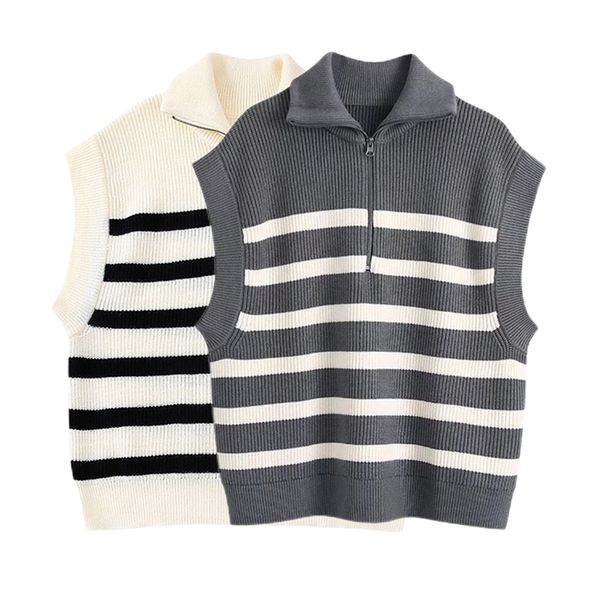 women's vests traf women fashion front zip loose striped knit vest sweater vintage high neck sleeveless female waistcoat chic 220921, Black;white
women's vests traf women fashion front zip loose striped knit vest sweater vintage high neck sleeveless female waistcoat chic 220921, Black;white