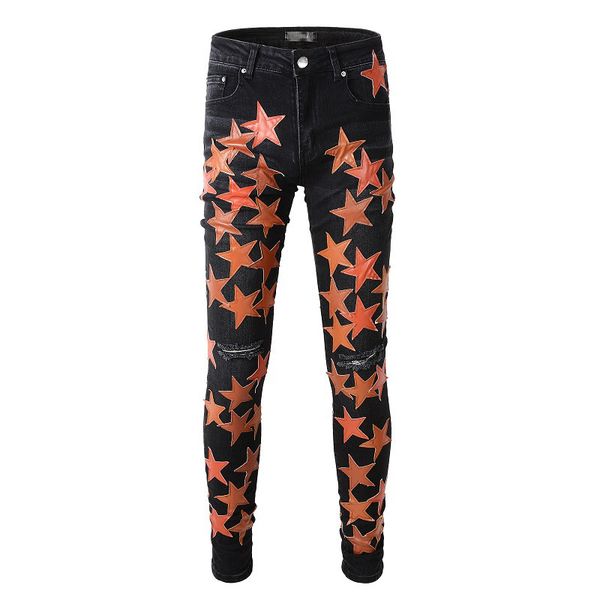men's jeans high street patch leather star trend high craft stretch slim black skinny pants lots of stars, Blue
men's jeans high street patch leather star trend high craft stretch slim black skinny pants lots of stars, Blue