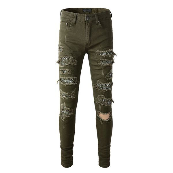 men's jeans high street army green knee hole personality pattern patch pants stretch slim skinny pants cool, Blue
men's jeans high street army green knee hole personality pattern patch pants stretch slim skinny pants cool, Blue
