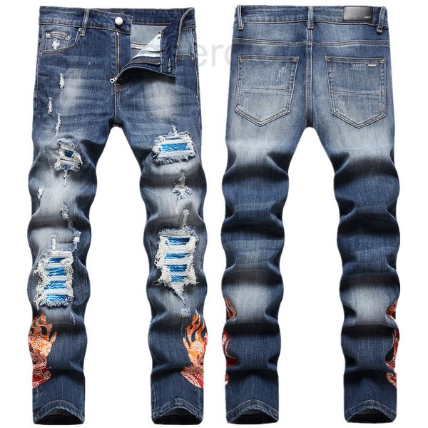 men's jeans designer in the autumn and winter of 2022 new ripped jeans embroidered print pattern elastic slim fit small feet am pants t, Blue 
men's jeans designer in the autumn and winter of 2022 new ripped jeans embroidered print pattern elastic slim fit small feet am pants t, Blue