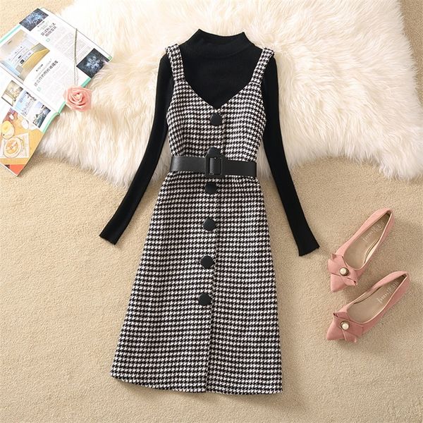 casual dresses korean two piece set women autumn winter houndstooth woolen strap with belt knee-length sundress vestidos 220921, Black;gray
casual dresses korean two piece set women autumn winter houndstooth woolen strap with belt knee-length sundress vestidos 220921, Black;gray