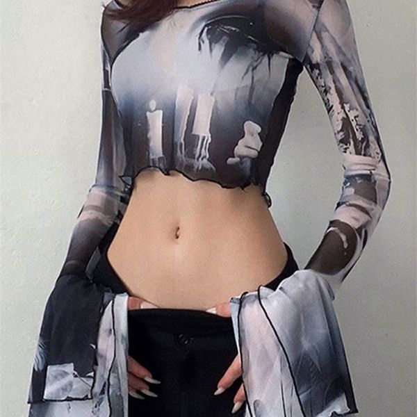 women's t-shirt goth dark punk aesthetic print y2k mesh women crop gothic flare sleeve see through t-shirts emo lettuce hem streetwear, White
women's t-shirt goth dark punk aesthetic print y2k mesh women crop gothic flare sleeve see through t-shirts emo lettuce hem streetwear, White