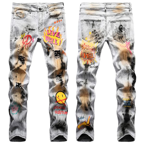 men's jeans designer american style hip hop smiling face print tie bleach hand wipe yellow material elastic slim fit small straight jea, Blue
men's jeans designer american style hip hop smiling face print tie bleach hand wipe yellow material elastic slim fit small straight jea, Blue