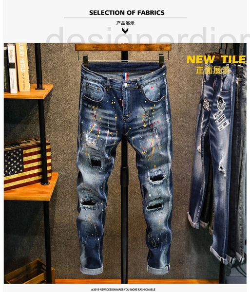 men's jeans designer fashion brand high street fashion elastic slim fit hole patch color hand-painted splash dot jeans pants y6po, Blue
men's jeans designer fashion brand high street fashion elastic slim fit hole patch color hand-painted splash dot jeans pants y6po, Blue