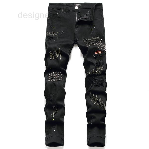 men's jeans designer am fashion jeans autumn and winter slim leggings elastic black hole patch bead pants 2ii0, Blue
men's jeans designer am fashion jeans autumn and winter slim leggings elastic black hole patch bead pants 2ii0, Blue