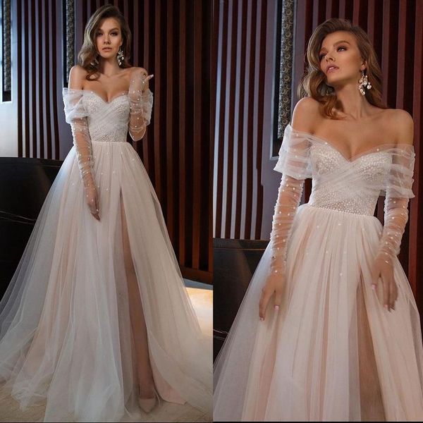 simple a line wedding dress elegant off the shoulder puffy bridal gowns long sleeve high split robe de soiree, White
simple a line wedding dress elegant off the shoulder puffy bridal gowns long sleeve high split robe de soiree, White