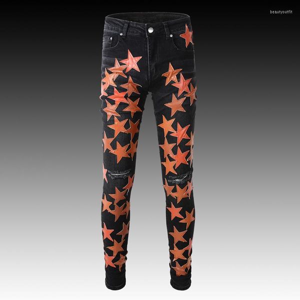 men's jeans streetwear fashion men black color elastic slim fit ripped stars patch designer brand hip hop denim pants hombre, Blue
men's jeans streetwear fashion men black color elastic slim fit ripped stars patch designer brand hip hop denim pants hombre, Blue