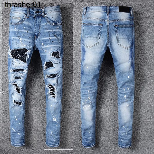 men's streetwear jeans brand patch diamond amirs young men's elastic leggings, Blue
men's streetwear jeans brand patch diamond amirs young men's elastic leggings, Blue