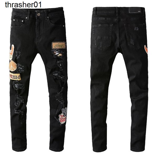 men's jeans amirs embroidery streetwear printed patch elastic slim small foot hole jeans, Blue
men's jeans amirs embroidery streetwear printed patch elastic slim small foot hole jeans, Blue