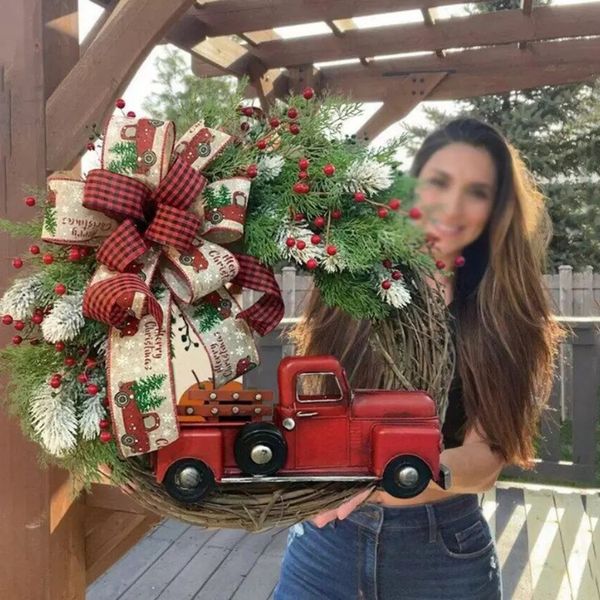 New 2022 Red Truck Christmas Wreath Window Front Door Decoration Wall Hanging For Xmas Decorations Props Party Home C0622W WLY935