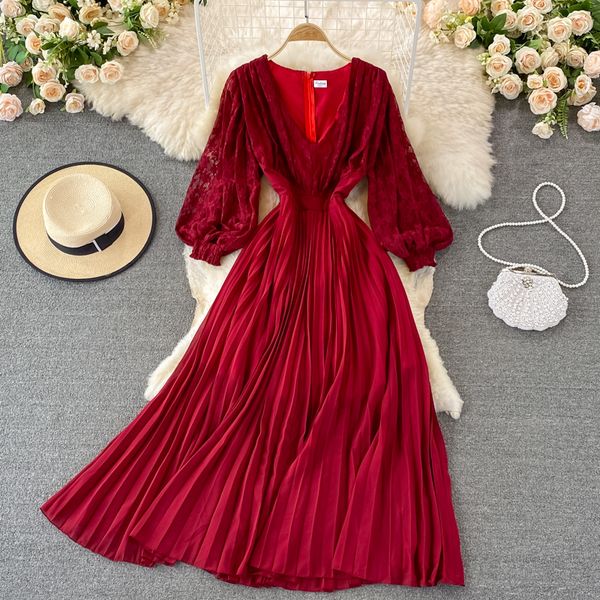 spring super fairy design feeling dress light mature wind big swing long skirt long sleeve v-neck lace patchwork pleated, Black;gray