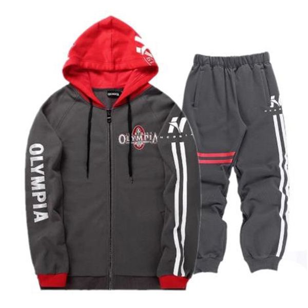 men's tracksuits bodybuilding men set autumn sweatshirt mens tracksuit pants olympia brand sportswear man 2pcs stand collar hoodie jack, Gray