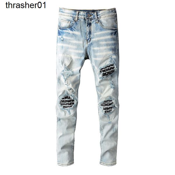 men's jeans street fashion brand amirs jeans men's personality wear through splicing pants, Blue
men's jeans street fashion brand amirs jeans men's personality wear through splicing pants, Blue