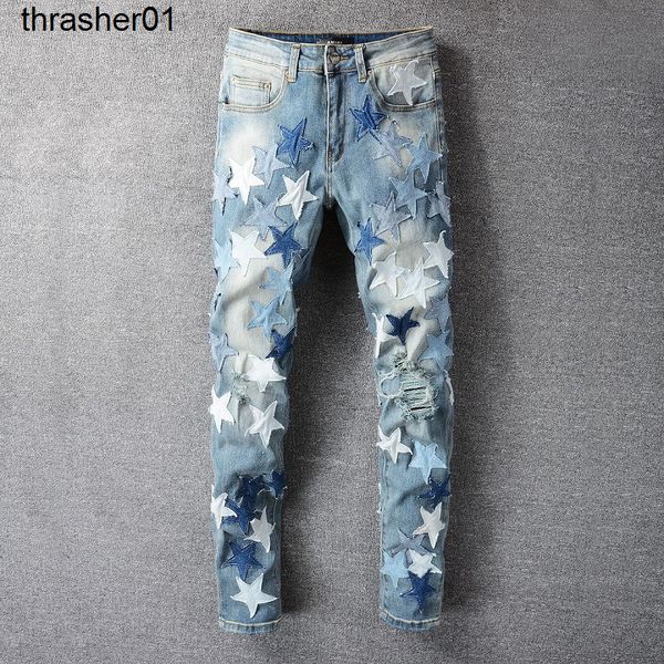 new amirs designer casual worn out washed splash color painting slim fit men's fashion streetwear jeans, Blue
new amirs designer casual worn out washed splash color painting slim fit men's fashion streetwear jeans, Blue