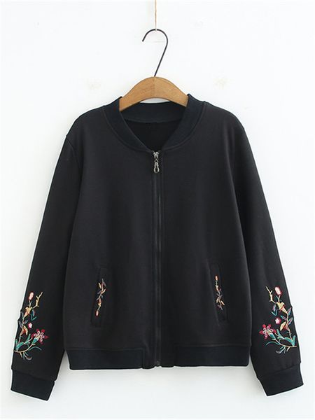 women s plus size outerwear coats clothes for long sleeves stand collar sleeve cuff embroidery large zipper jacket in spring and autumn 2209, Black
women s plus size outerwear coats clothes for long sleeves stand collar sleeve cuff embroidery large zipper jacket in spring and autumn 2209, Black