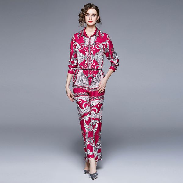 2022 fashion women's two piece pants vintage printed shirt and long trouser spring autumn pants suit, White
2022 fashion women's two piece pants vintage printed shirt and long trouser spring autumn pants suit, White