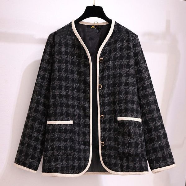 women s plus size outerwear coats 150kg autumn winter small fragrance woven plaid jacket bust 157cm 6xl 7xl 8xl 9xl 10xl single breasted coa, Black