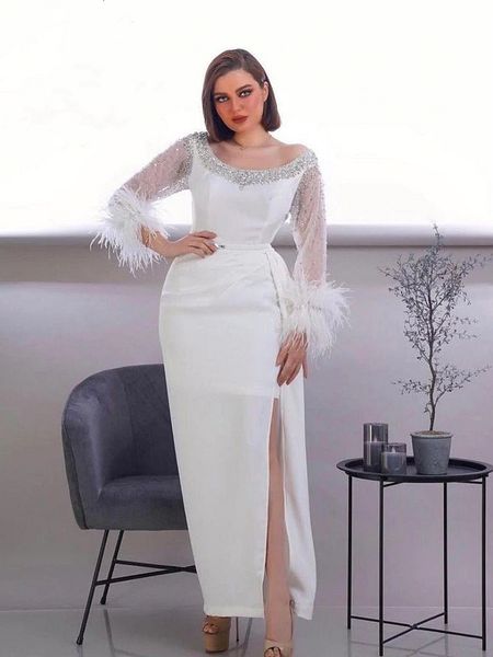 elegant feather long sleeve prom dresses sheath side slit white formal evening gowns scoop neck beaded ankle length special occasion wear re, Black
elegant feather long sleeve prom dresses sheath side slit white formal evening gowns scoop neck beaded ankle length special occasion wear re, Black