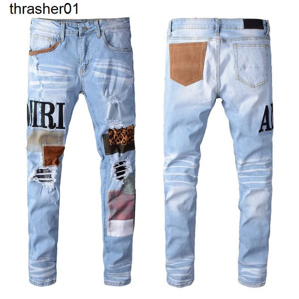 men's jeans amirs embroidered leopard patch elastic small foot gradient jeans, Blue
men's jeans amirs embroidered leopard patch elastic small foot gradient jeans, Blue