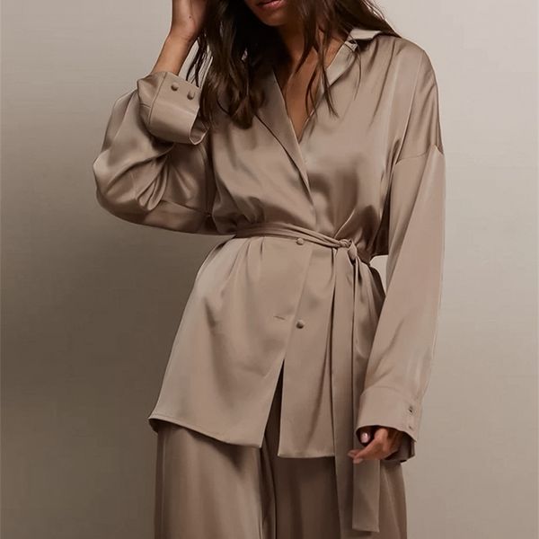 women's two piece pants ootn satin 2 pieces sets elegant soft luxury notched long sleeve lace belt trouser suits silky office wide leg, White
women's two piece pants ootn satin 2 pieces sets elegant soft luxury notched long sleeve lace belt trouser suits silky office wide leg, White