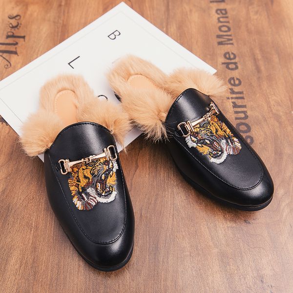

Fashion Half Drag Men Shoes Winter Plus Fluffy PU Metal Buckle Embroidery Slip-on Baotou Open Heel Comfortable Casual Daily AD196, Black patent leather