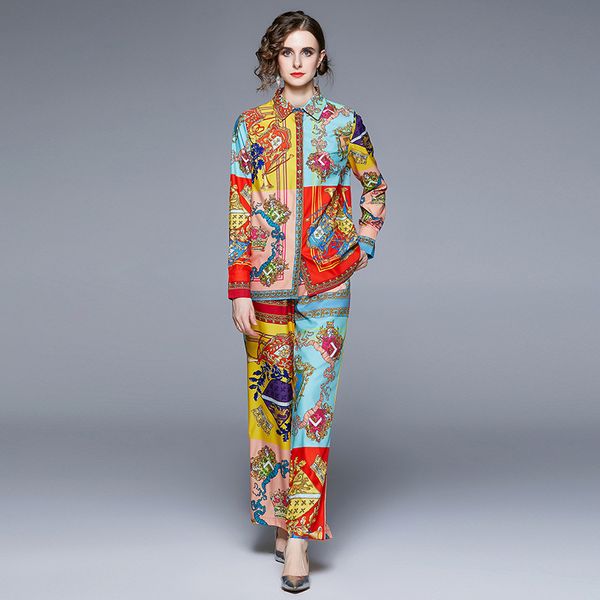 fashion elegant women's two piece pants palace vintage printed shirt and long wide-leg trouser spring autumn pants suit, White
fashion elegant women's two piece pants palace vintage printed shirt and long wide-leg trouser spring autumn pants suit, White