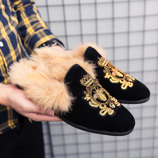 

Fashion Half Drag Men Shoes Winter Furry Faux Suede Embroidered Slip-on Baotou Slingback Comfortable Casual Daily AD198, Clear